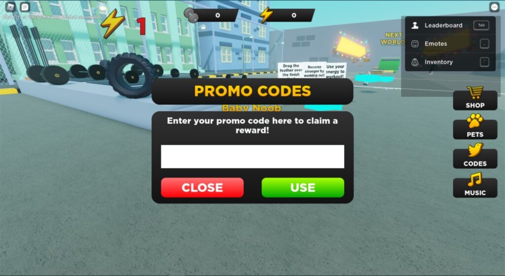 How to redeem game codes in Roblox Strongman Simulator