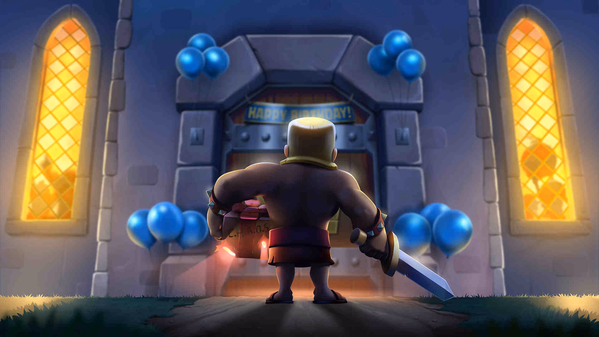 Clash Royale scene showing a character holding a sword and a gift box while approaching a castle decorated with balloons and a Happy Birthday banner