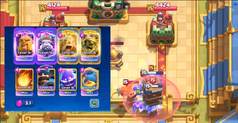 Clash Royale battle showing a max‑level deck with Electro Giant, Golden Knight, Phoenix, and other cards, while troops clash near the right‑side tower under a pink spell effect.